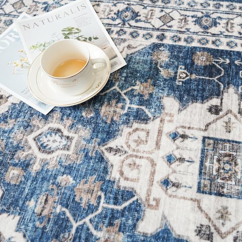 Hallway Washable Runner Rug - Vintage Soft Non-Slip Indoor Carpet | 2'6'' x 12', Blue