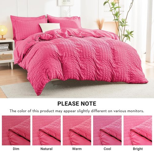 HYMOKEGE King Size Comforter Set - Hot Pink Seersucker 7-Piece Luxury Bedding Set for All Seasons