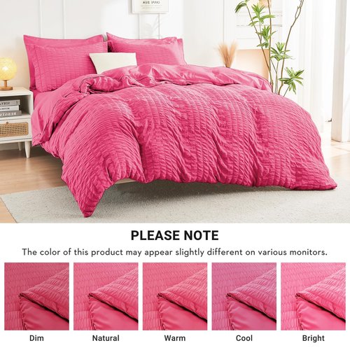 HYMOKEGE Hot Pink California King Comforter Set Seersucker 7 Pieces, All Season Luxury Bed in a Bag for Bedroom, Bedding Set with Comforter, Sheets, Pillowcases & Shams