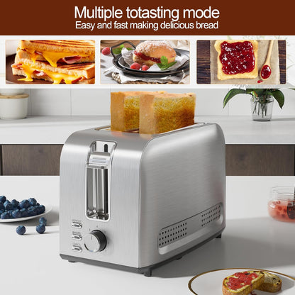 Runnatal 2-Slice Stainless Steel Toaster - Multifunctional with 7 Settings, Defrost & Bagel Functions | Easy to Clean, 120V 800W Silver