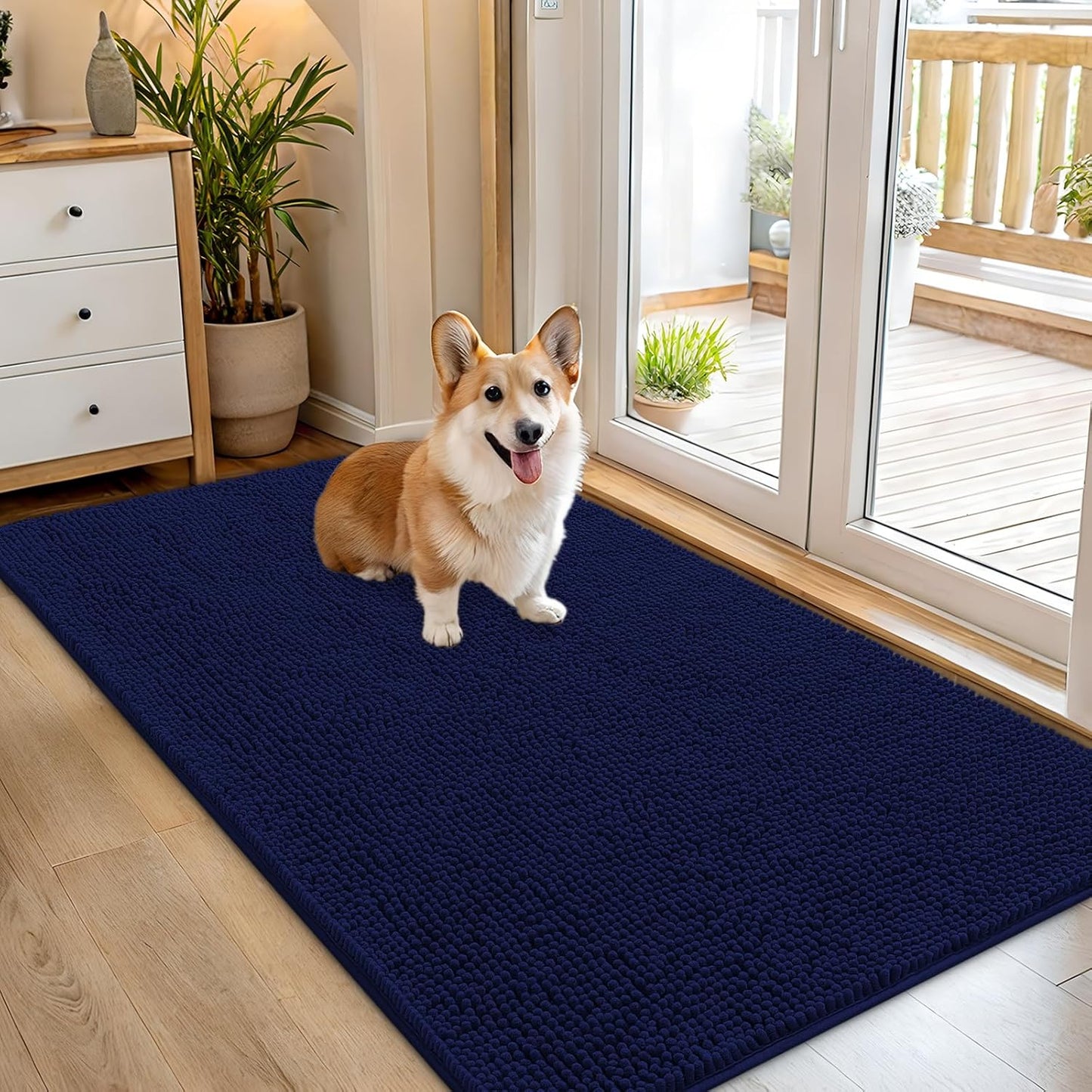 OLANLY Dog Door Mat - Absorbent Non-Slip Chenille Mat for Muddy Paws | 54x32 Navy Blue Indoor Carpet