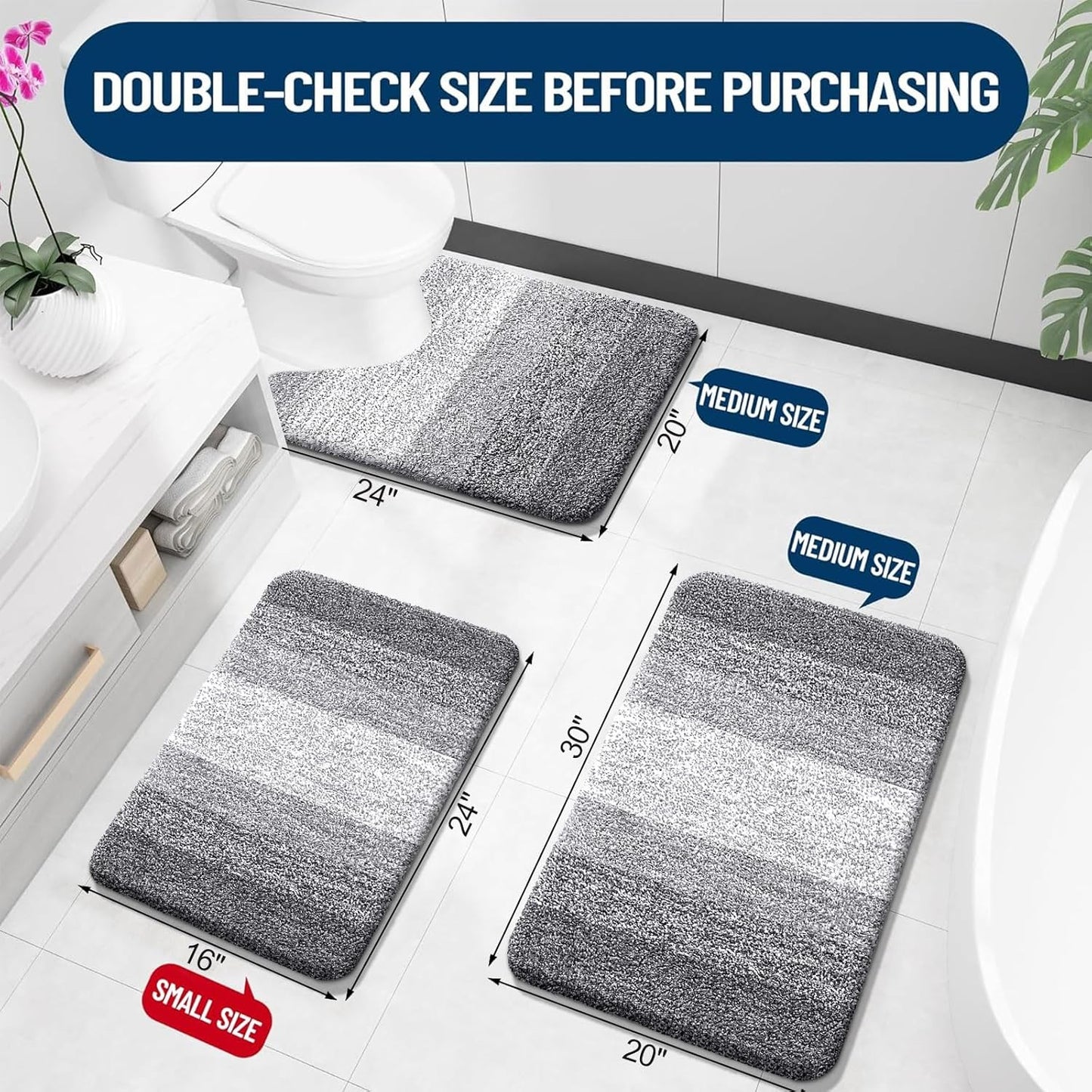 OLANLY Bathroom Rugs Set - Soft Absorbent Microfiber Mats & U-Shaped Toilet Rug | Grey, 3-Piece Set