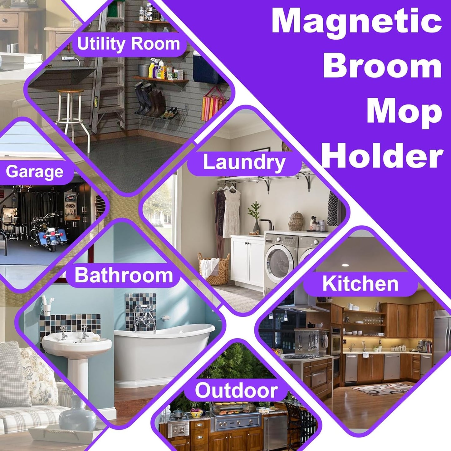 Skiennix Magnetic Mop Holder - Heavy Duty Tool Organizer with Swivel Hooks for Kitchen & Garage