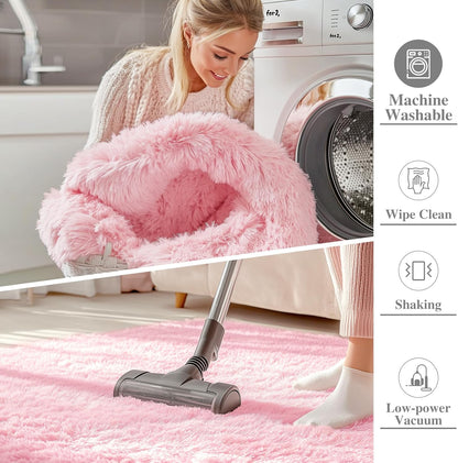 OLANLY 2x4 Machine Washable Runner Rug - Soft Fluffy Shaggy Bedroom & Hallway Carpet | Pink Home Decor