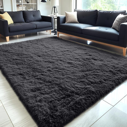 OLANLY 5x5 Area Rug - Soft Fluffy Shaggy Carpet for Living Room & Bedroom | Machine Washable, Black
