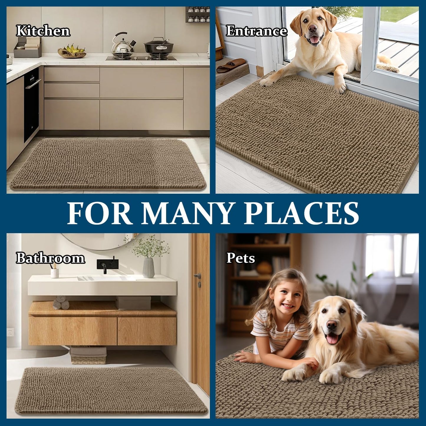 OLANLY Dog Door Mat - Absorbent Non-Slip Chenille Mat for Muddy Paws | 54x24 Inches, Tan Color