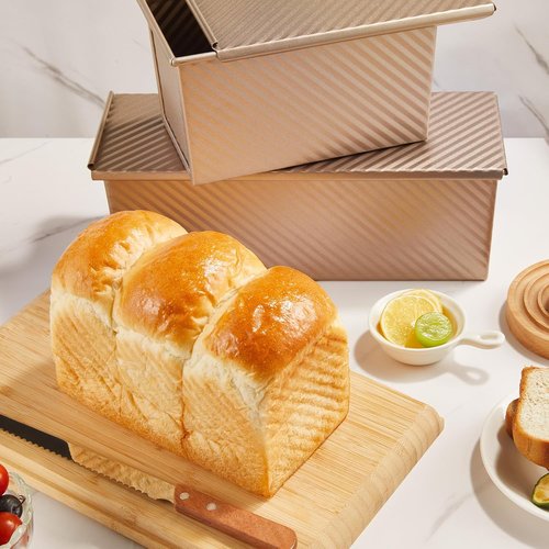 KITESSENSU Pullman Loaf Pan - Non-Stick Carbon Steel Bread Mold with Lid, 1 lb Capacity, Gold