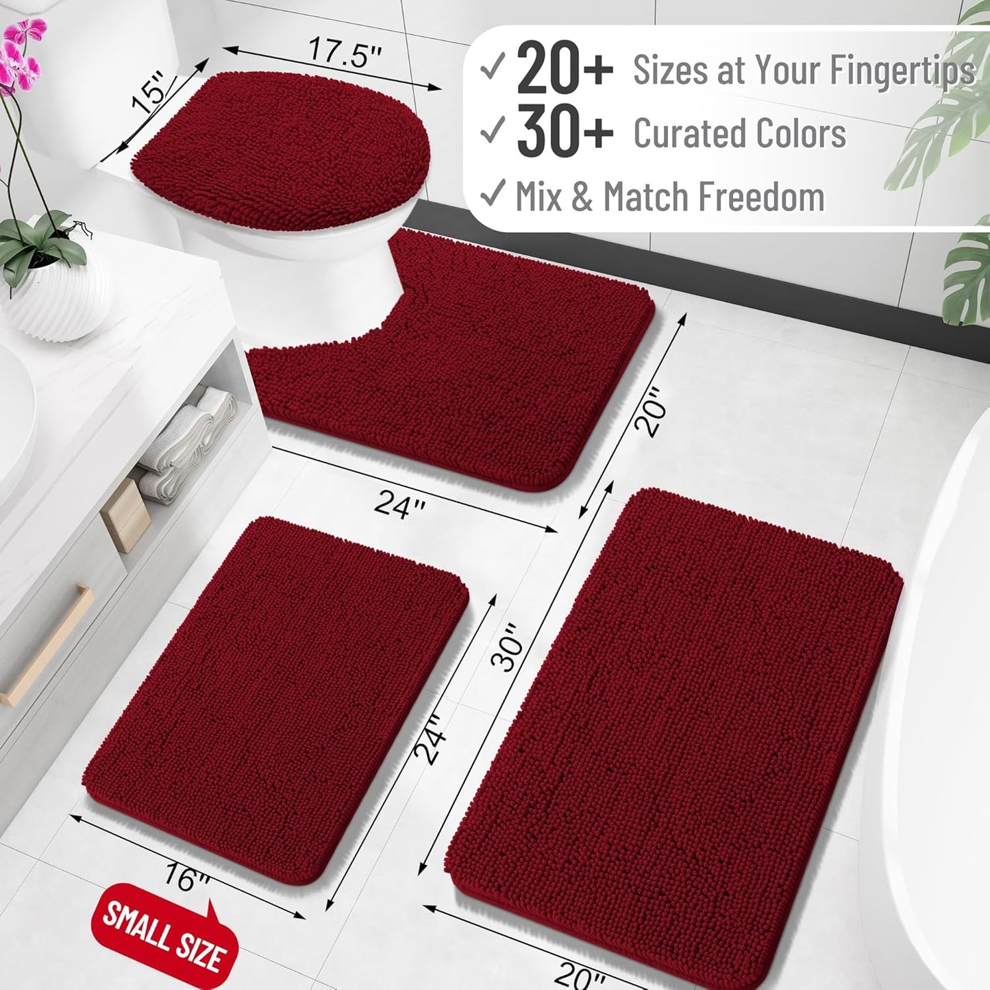 OLANLY U-Shaped Toilet Rugs - Extra Soft, Absorbent Chenille Bath Mat | 24x20, Burgundy, Machine Washable