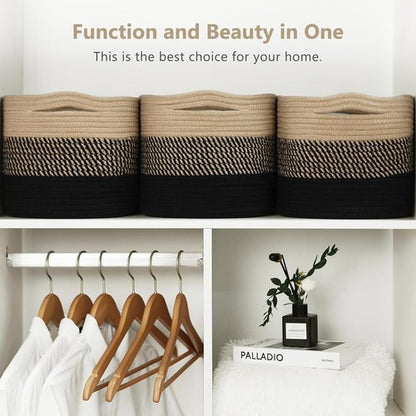 ECDYQXVU Cotton Rope Storage Basket - Woven Organizer for Shelves, Clothes & Towels | 15x10x9 Inches, Gradient Black/Brown (3 Pack)