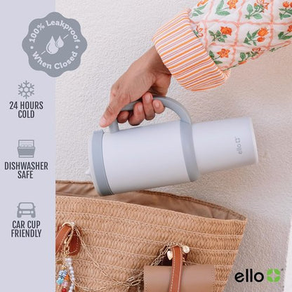 Ello Oasis 30 oz Tumbler - Insulated Stainless Steel Cup with Handle & Straw | 100% Leakproof, Keeps Drinks Cold for 20 Hours, Grayscale