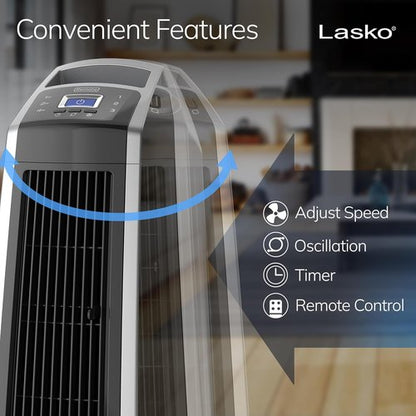 Lasko High Velocity Oscillating Tower Fan - Remote Control, Timer & 3 Speeds | 35" Silver/Black