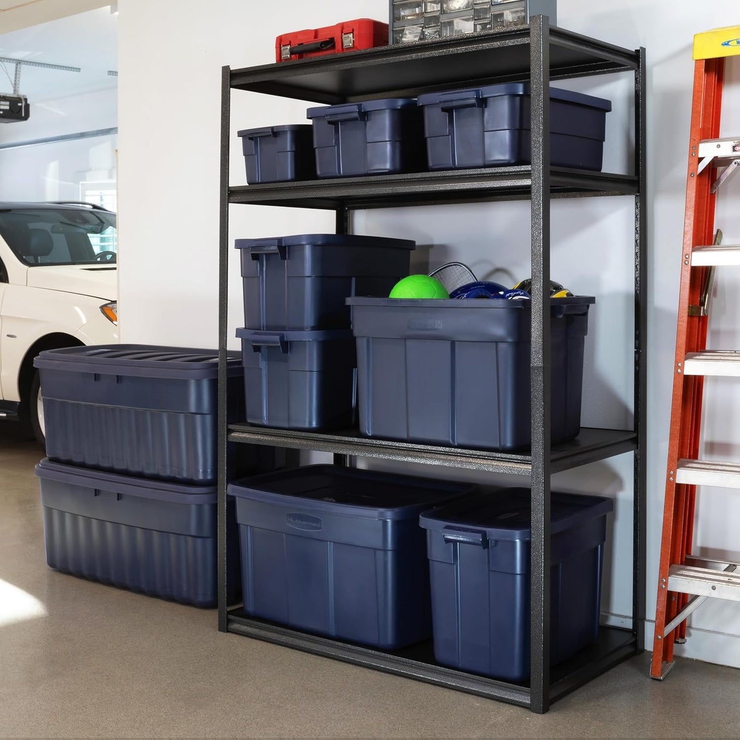 Rubbermaid Roughneck Tote - 18 Gal Stackable Storage Bins with Lids & Handles | Dark Indigo Metallic, 6 Pack