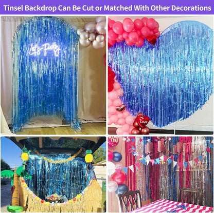 Blue Streamers | Party Decorations - 3.3x8.2ft Dark Blue Tinsel Backdrop for Ocean Themed Events
