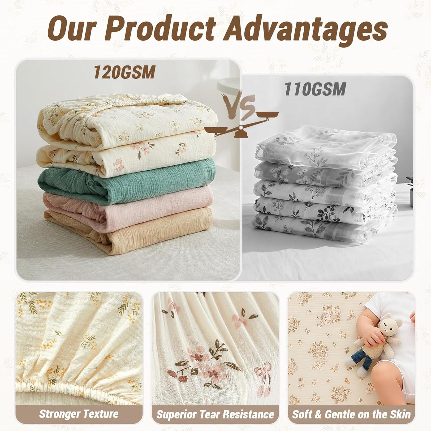 Bailix Heavyweight Muslin Baby Crib Sheets - 2PCS Neutral Fitted 100% Organic Cotton | Soft & Breathable (Cream, Coffee)