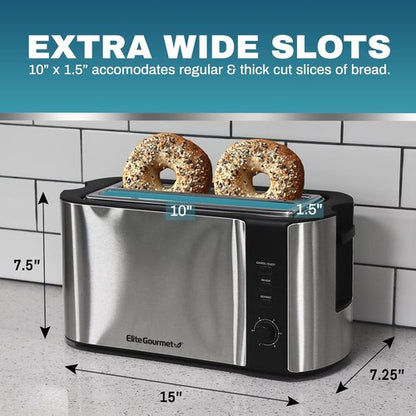 Elite Gourmet ECT-3100 Long Slot 4-Slice Toaster - Extra Wide Slots, 6 Toast Settings, Stainless Steel & Black