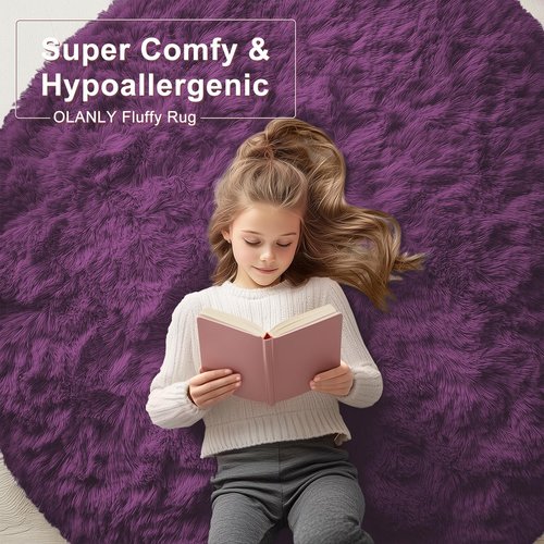OLANLY Dark Purple Round Rugs for Bedroom - Machine Washable, 3 ft Circle Area Rugs for Living Room, Soft and Fluffy Shaggy Carpet for Teen Girl and Boys, Nursery Rooms, Dorms, Home Decor Aesthetic