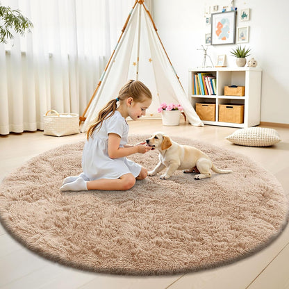 OLANLY Round Area Rug - Soft, Fluffy Beige Shag for Bedroom | 8 ft Circle Carpet for Home Decor