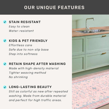 Oushak Rugs | Washable Pink & Blue 9x12 Living Room Rug | Modern Floral Design, Soft Faux Wool