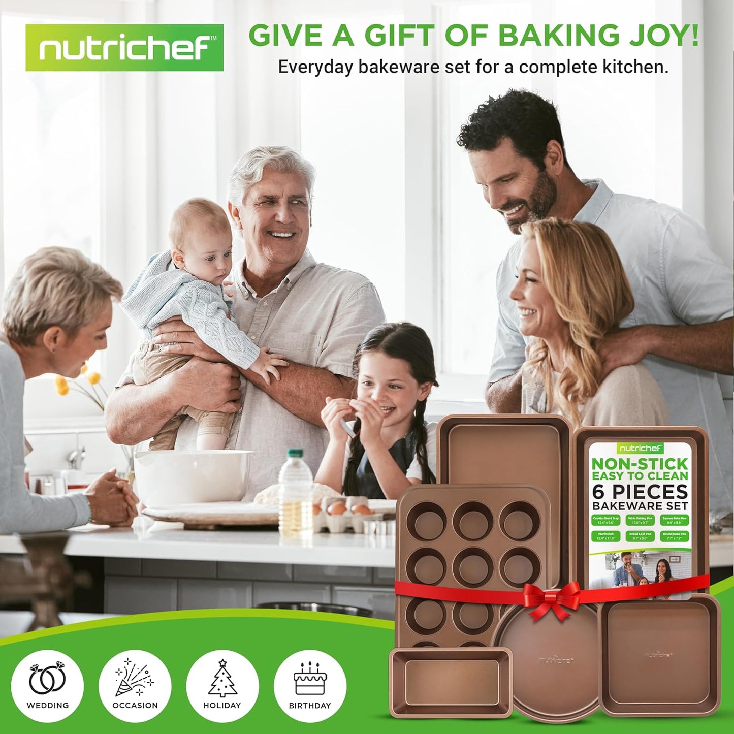 NutriChef 6-Piece Nonstick Bakeware Set - Carbon Steel Baking Pans with Cookie Sheets & Muffin Pan - Gold
