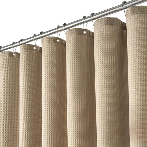 Dynamene Extra Wide Shower Curtain - 84 Inch Wide Waffle Weave Weighted Thick Cloth Bathroom Shower Curtain, Neutral Heavy Duty Hotel Bath Curtain Set with 14 Plastic Hooks, 84x72, Beige/Khaki