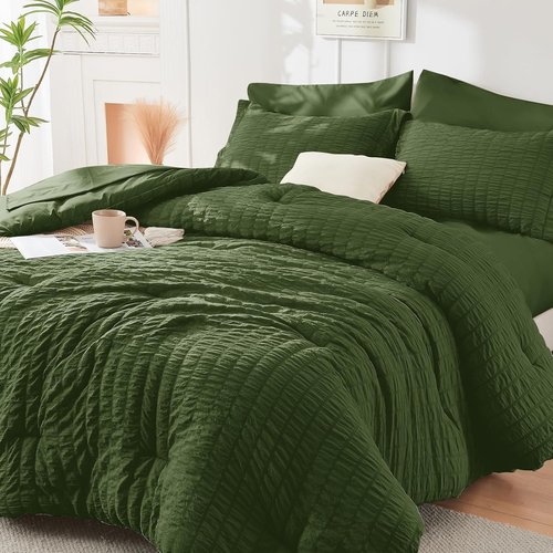 HYMOKEGE King Size Comforter Set - Olive Green Seersucker Luxury Bedding | 7-Piece All-Season Bed in a Bag