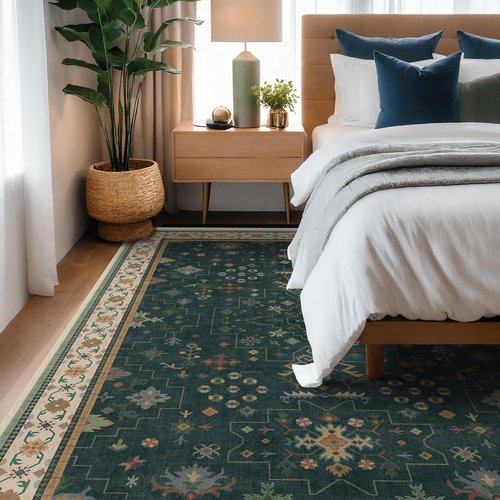 Hazo Haus Dark Green Vintage Rug - Washable 7x10 Floral Geometric Design, Ultra Soft Non-Slip for Living Room