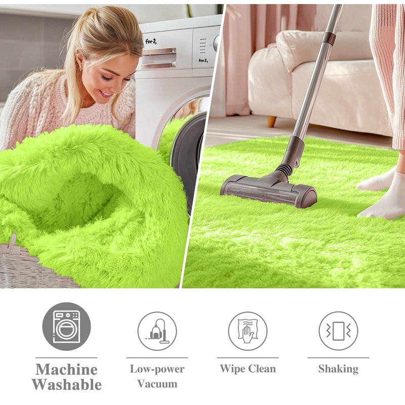 OLANLY Lime Green Round Rugs for Bedroom - Machine Washable, 5 ft Circle Area Rugs for Living Room, Soft and Fluffy Shaggy Carpet for Teen Girl and Boys, Nursery Rooms, Dorms, Home Decor Aesthetic