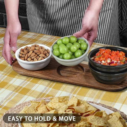 Artena Chip and Dip Serving Set - 12 oz Solid Ceramic with Acacia Tray & Black Dipping Bowls