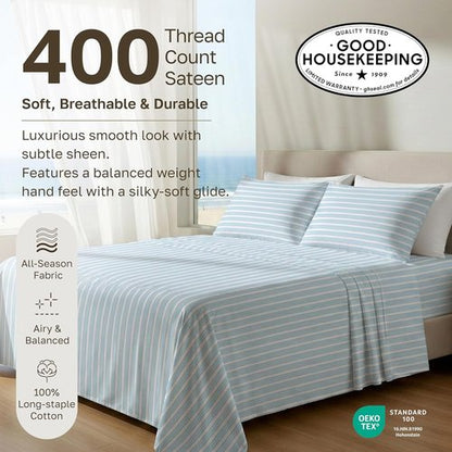California Design Den King Size Cotton Sheets Set - 100% Soft Cotton, 400 TC, Award-Winning Sateen Finish, Cape Stripe Blue