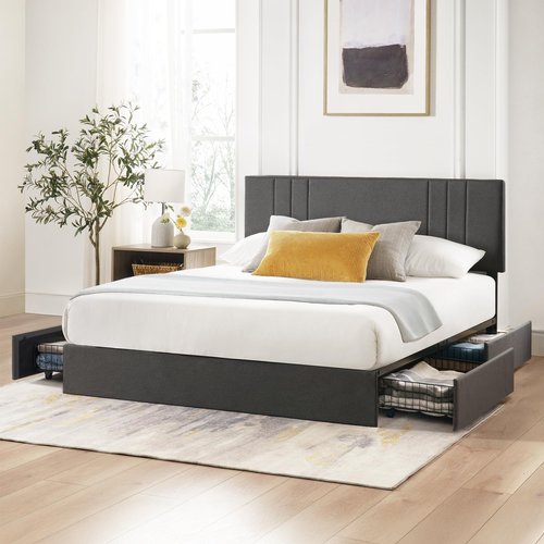 Zinus Billie Platform Bed Frame, Four Underbed Storage Drawers, Height Adjustable Headboard, Upholstered Style, Queen