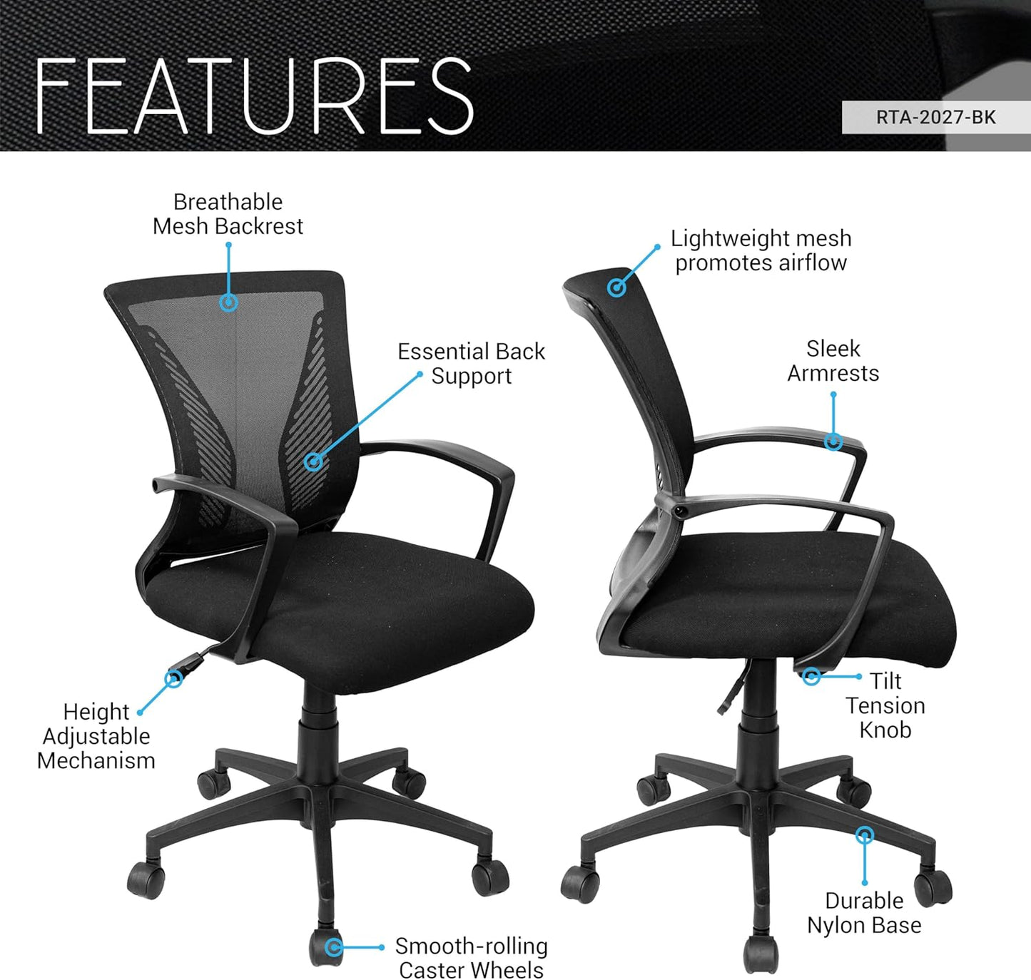 Techni Mobili Ergonomic Mesh Office Chair - Adjustable Height & Tilt, Black with Lumbar Support