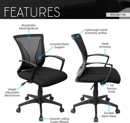 Techni Mobili Ergonomic Mesh Office Chair - Adjustable Height & Tilt, Black with Lumbar Support