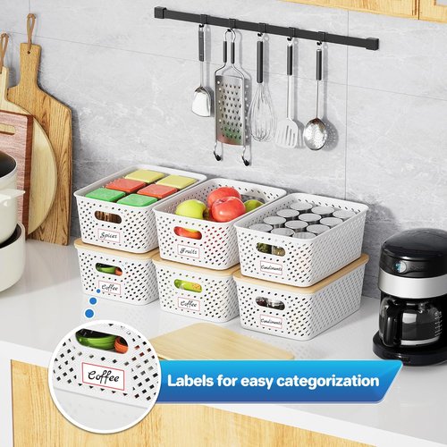 Anysig Plastic Storage Bins - 8 Pack Stackable Baskets with Bamboo Lids for Organizing | Cream White