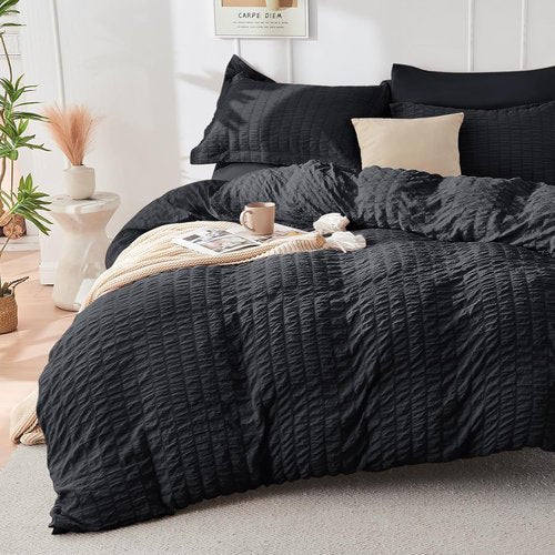 HYMOKEGE Queen Comforter Set - Black Oversized Seersucker 7-Piece Luxury Bedding | All-Season Bed in a Bag