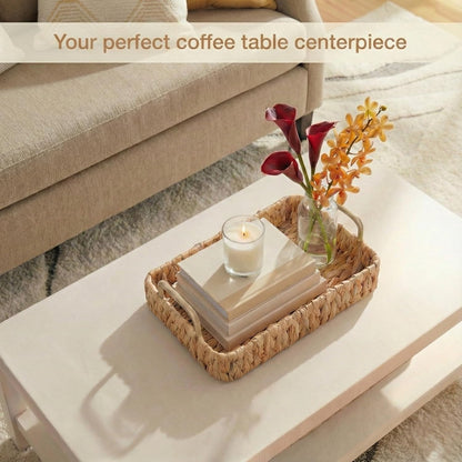 Natural Wicker Trays Set of 2 - Decorative Rectangular Trays with Handles for Coffee Table & Living Room