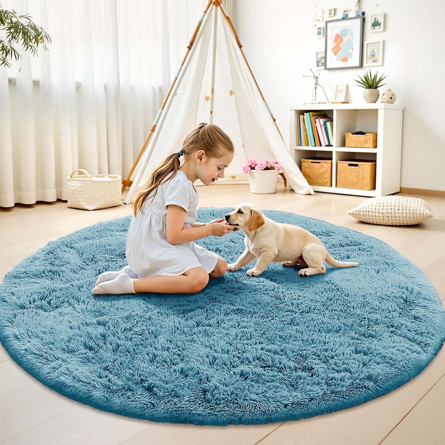 OLANLY Round Slate Blue Area Rug - Soft, Machine Washable 7 ft Circle Carpet for Bedroom & Living Room