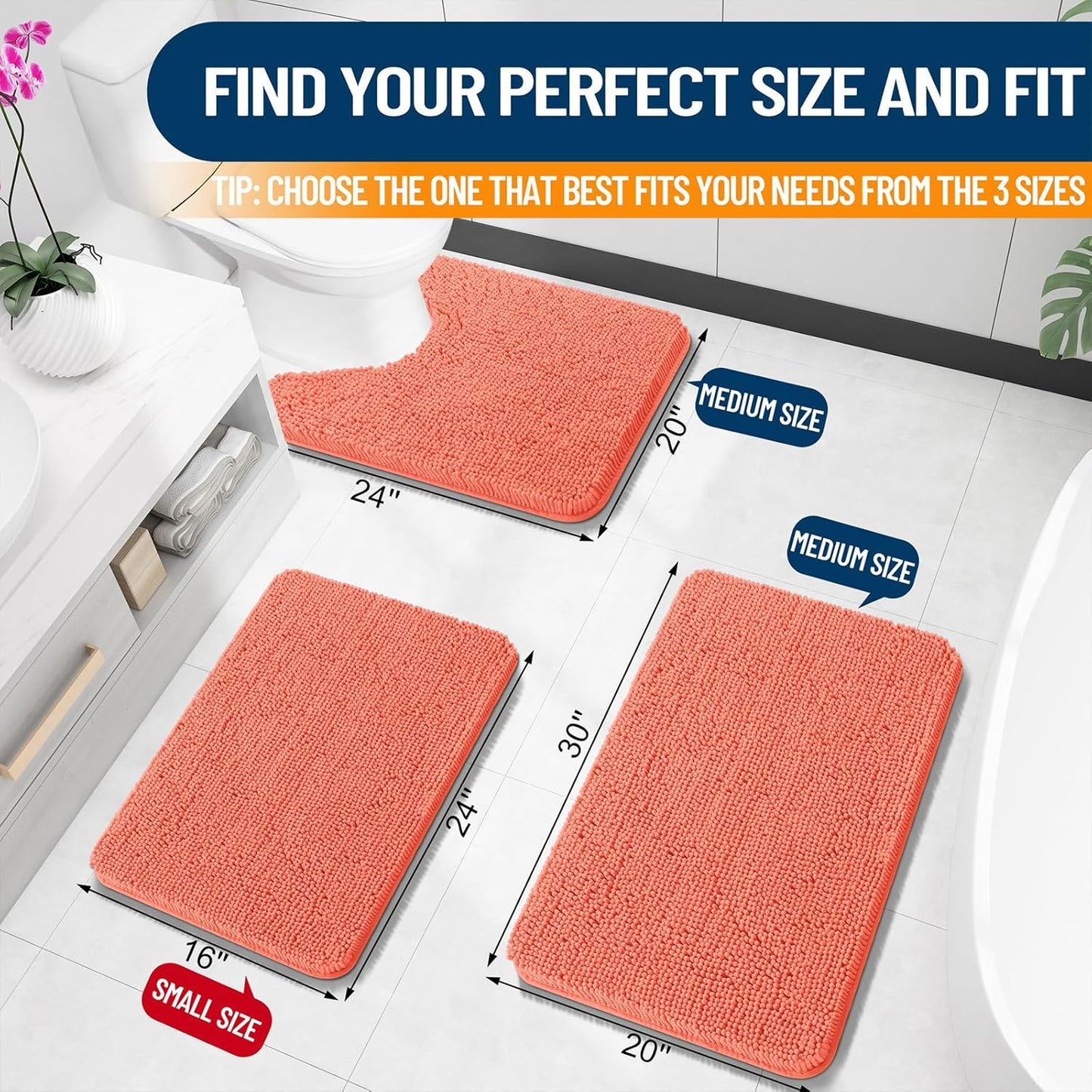 OLANLY U-Shaped Toilet Rug - Extra Soft Chenille, Quick-Dry, Machine Washable, Non-Slip | 24x20, Coral