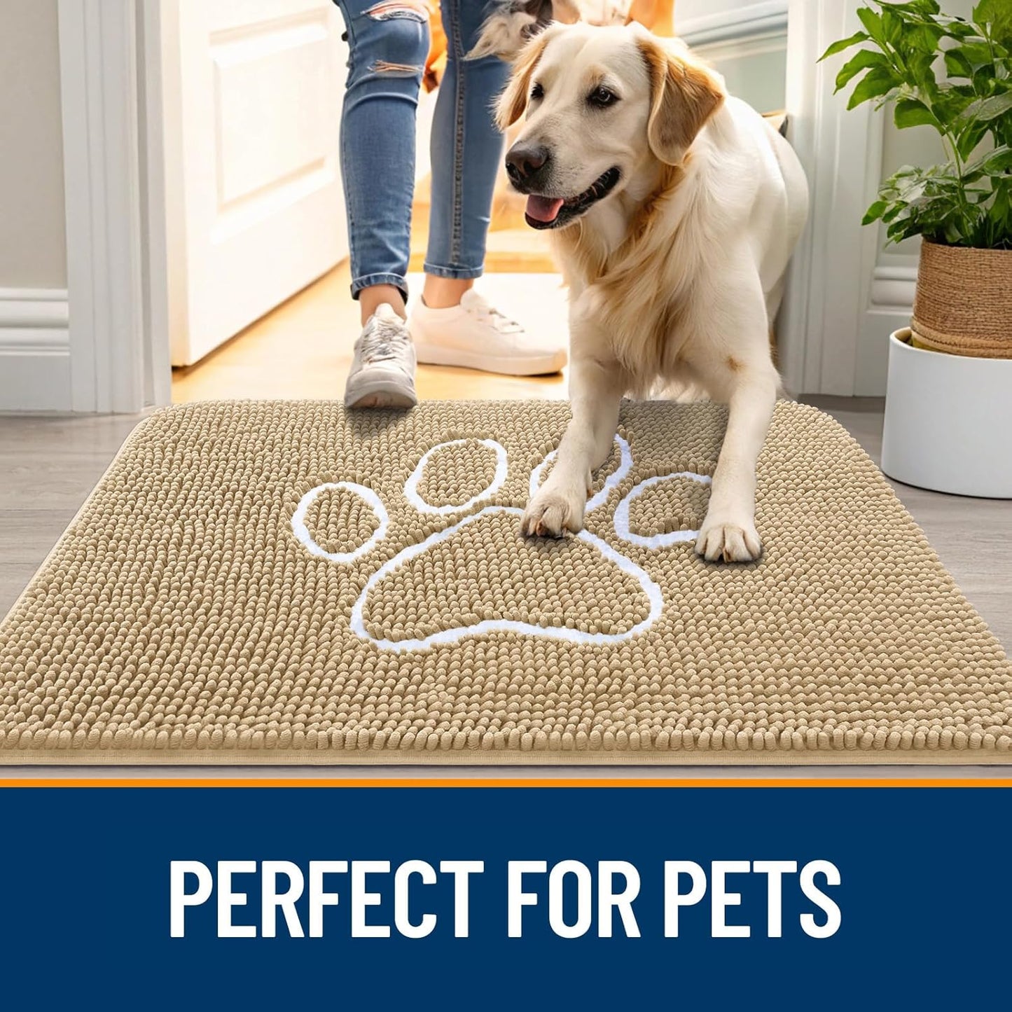 OLANLY Dog Door Mat - Absorbent Non-Slip Muddy Paws Mat | Quick Dry Chenille, 35x24, Beige