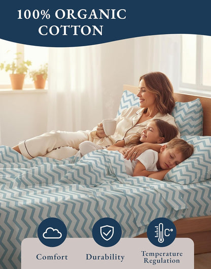 **LANE LINEN Organic Cotton Twin Bed Sheets - Naturally Cooling, Fully Elasticized, Eco-Friendly Chevron Design**