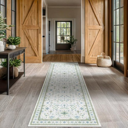 Hazo Haus Oushak Runner 2x10 Hallway Rug - Floral Pastel Boho, Washable Low Pile Non Slip Extra Long Runner Rugs for Kitchen, Hall Way - Cream Blue and Green