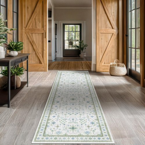 Hazo Haus Oushak Runner 2x10 Hallway Rug - Floral Pastel Boho, Washable Low Pile Non Slip Extra Long Runner Rugs for Kitchen, Hall Way - Cream Blue and Green