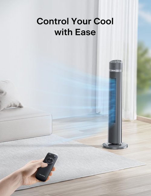 PELONIS 40-inch Bladeless Tower Fan for Bedroom, Standing Fan with Remote Control, 26ft/s, 90° Oscillation, 3 Speed Settings, 27 dB, 3 Modes, 15-Hour Timer, LED Display, Fan that Blows Cold Air, Black