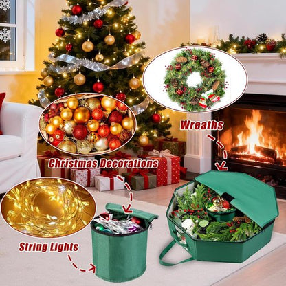 BrilliantJo Wreath Storage Bag - Hard Shell Christmas Decorations Case with Pockets | 24-Inch Green 600D Oxford Fabric