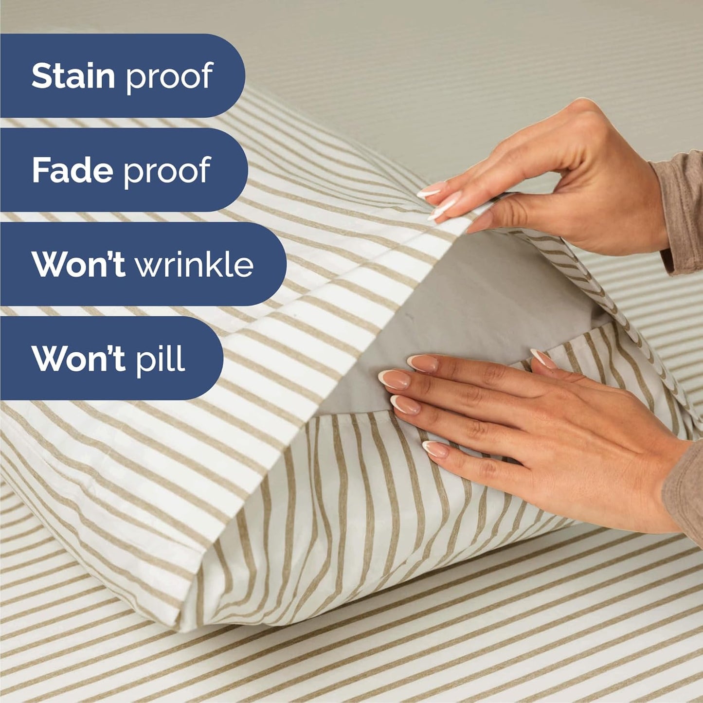 Queen 6 Piece Sheet Set - Soft Hotel Luxury Bedding | Comfy, Breathable & Cooling - Beige Stripes