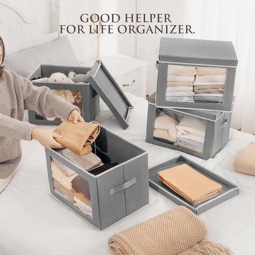 Homsorout Storage Bins - 4 Pack Large Fabric Organizing Cubes with Lids & Handles | Grey