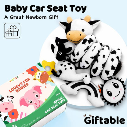 Spiral Car Seat Baby Toys 0-6 Months, Infant Carseat High Contrast Sensory Toys Hanging Stroller Accessories, Newborn Shower Gifts for Baby Boys Essentials Stuff, Cute Black and White Cow