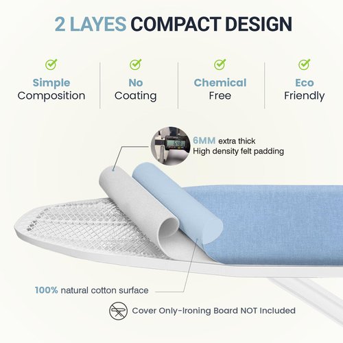 UniSimp Ironing Board Cover and Pad 15"x54" Extra Thick Natural Cotton, Scorch and Stain Resistant Padding, Standard Size Iron Board Cover with Fasteners Heavy Duty Elastic Edge, Heatproof Blue