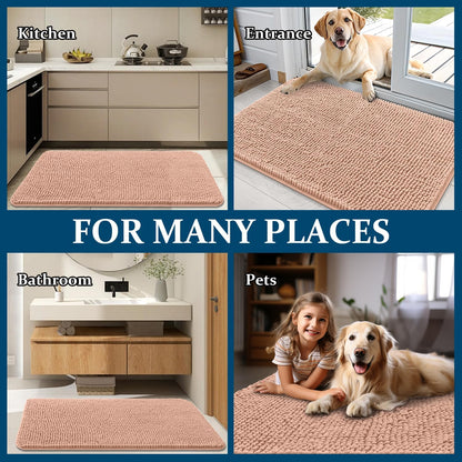 OLANLY Dog Door Mat - Absorbent Non-Slip Washable Doormat for Muddy Paws | 59x35, Quick Dry Chenille, Peach