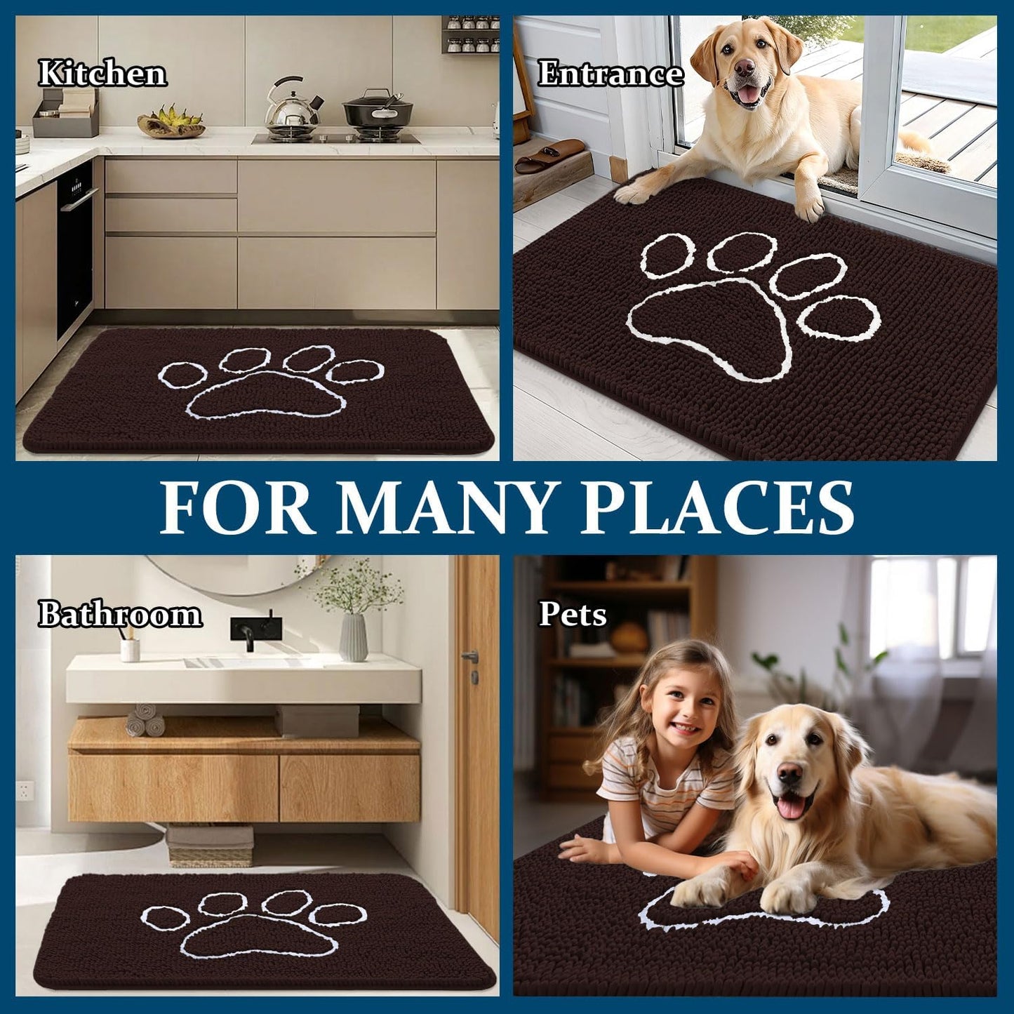 OLANLY Dog Door Mat - Absorbent Non-Slip Muddy Paws Mat | 59x35 Paw Print Design, Quick Dry Brown