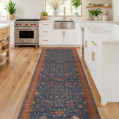 Regine Switzerland Washable 10 ft Long Hallway Runner Rug - Navy Blue, Pet-Friendly & Non-Slip Design